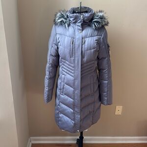 Grey 3/4 length puffer with detachable fur hood